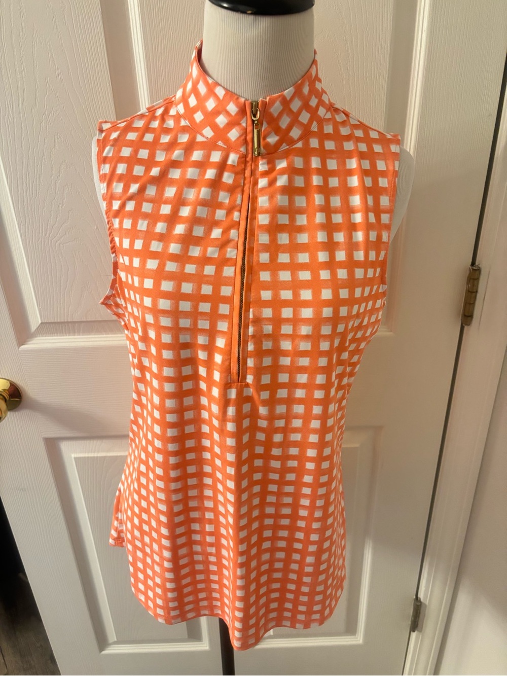 Cabana Life Orange & White Gingham Zip Mock-Neck Tank